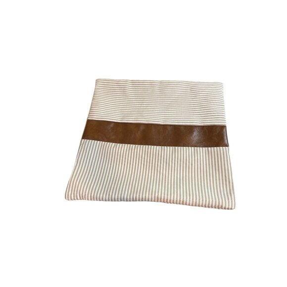 Pilllow Covers Striped Beige & Brown Faux Leather Accent 17x17 Set Of 2 - Picture 2 of 4